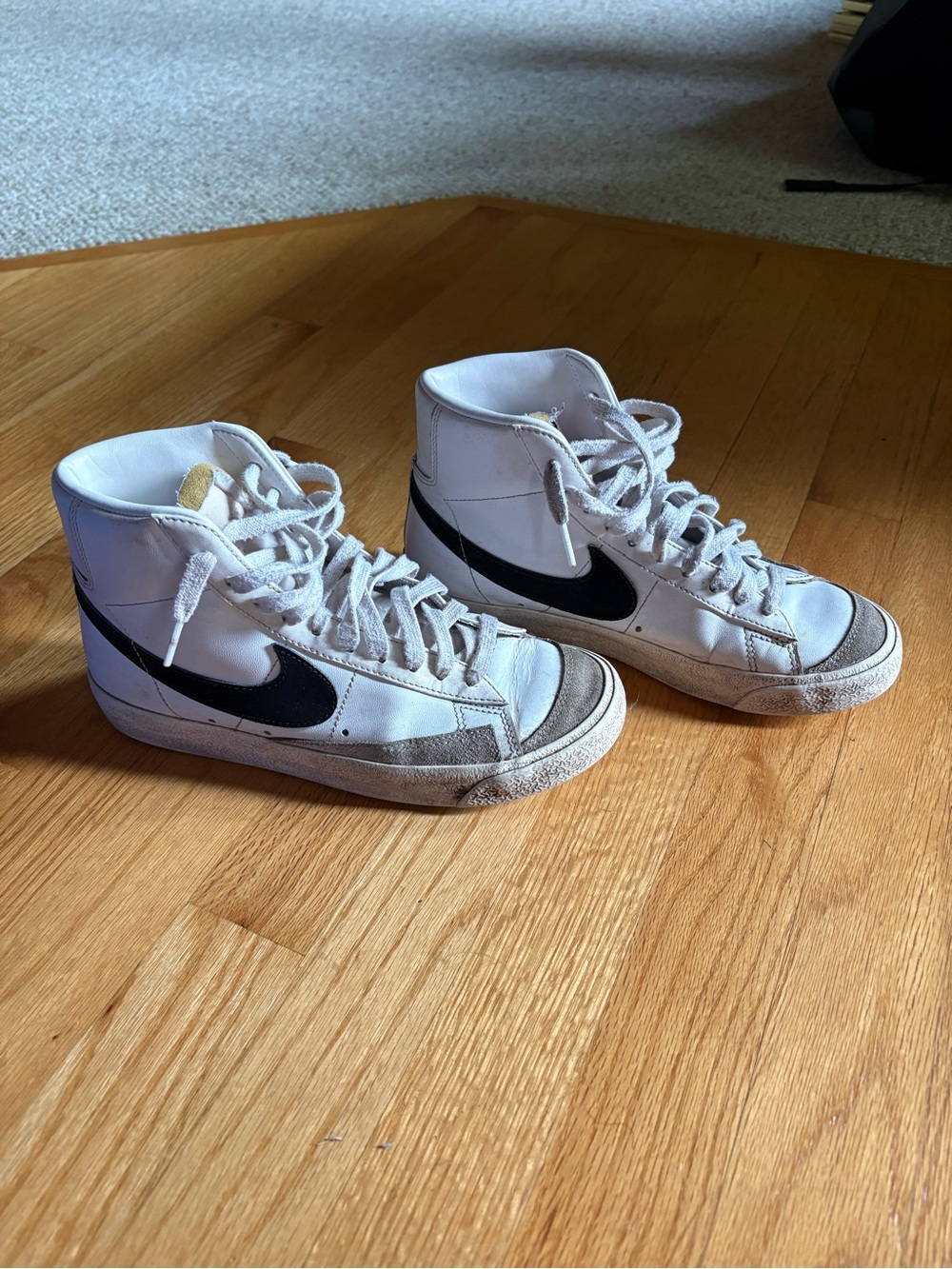 Nike Men’s White High-Top Sneakers with Black Swoosh and Gray Suede Toe